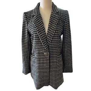 RACHEL ZOE Tweed Blazer Longline Single Button Black White Check Womens Medium